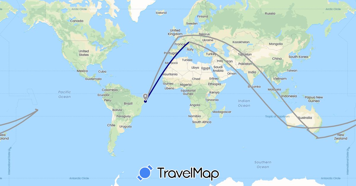 TravelMap itinerary: driving, plane in Australia, Brazil, Germany, France, United Kingdom (Europe, Oceania, South America)